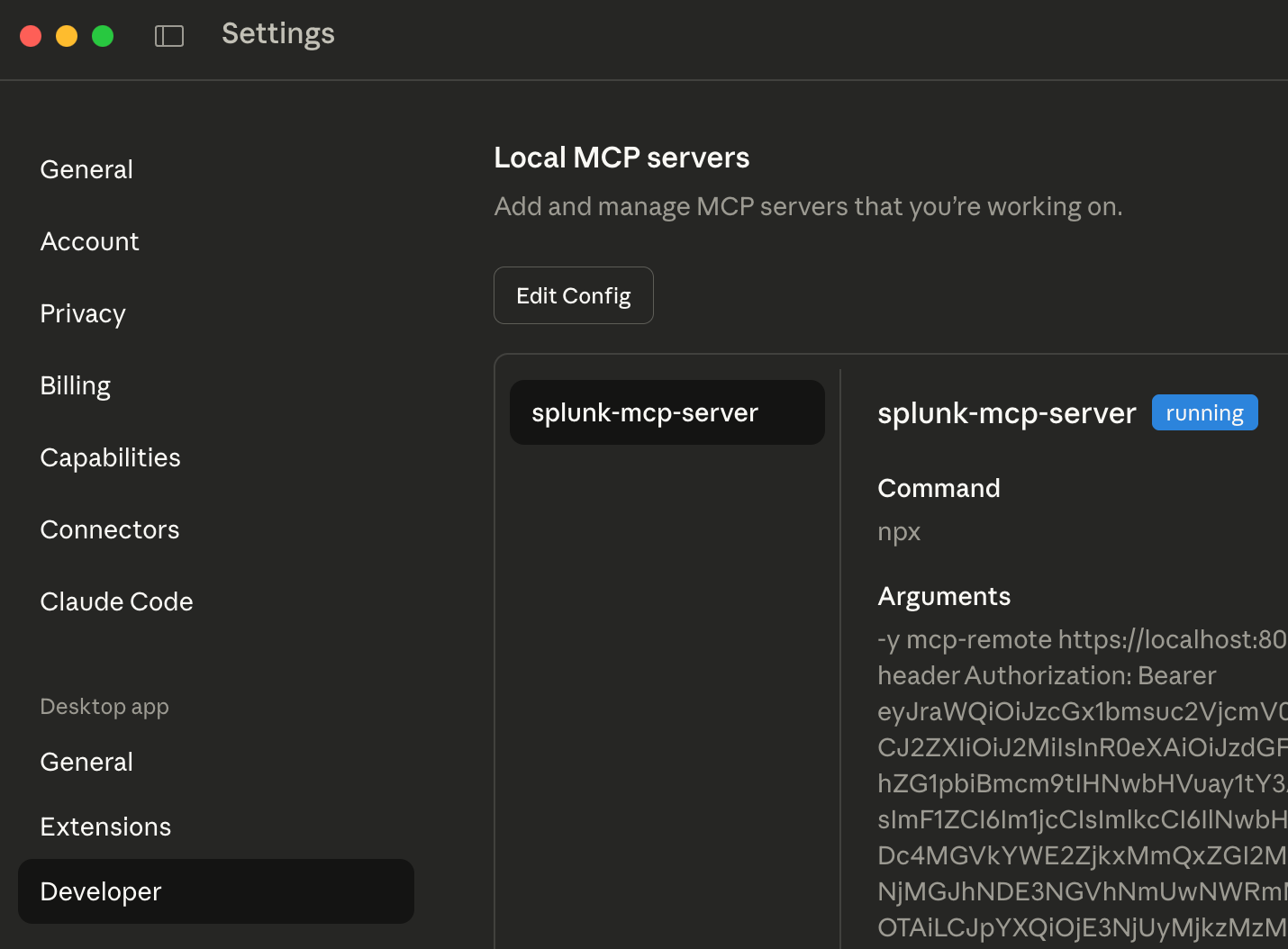 Claude MCP Client Configuration View