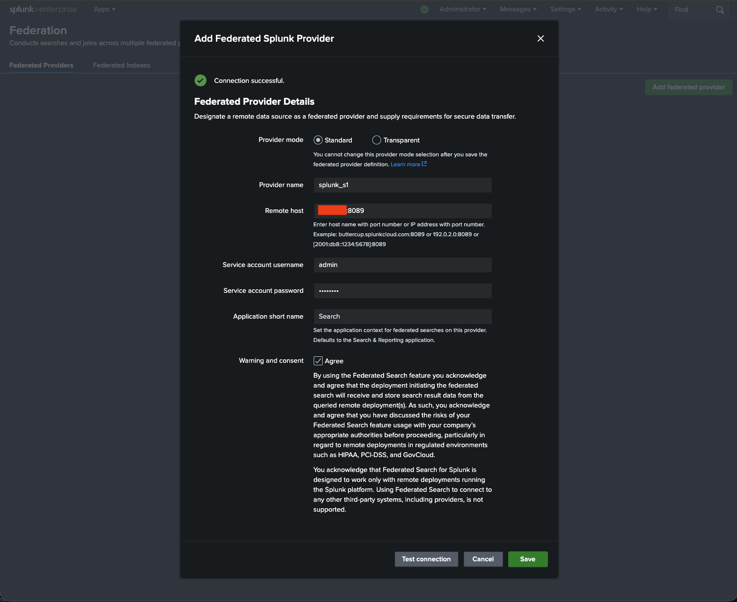 Figure 1: Add Federated Splunk Provider screen — splunk_s1 showing connection successful