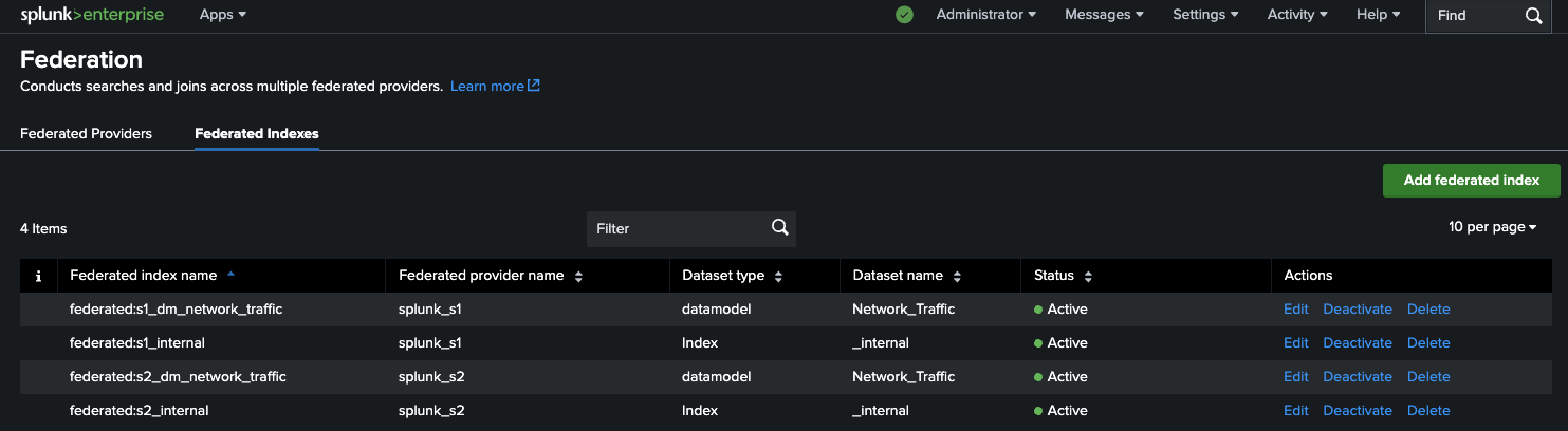 Federated Indexes list showing all four mappings active