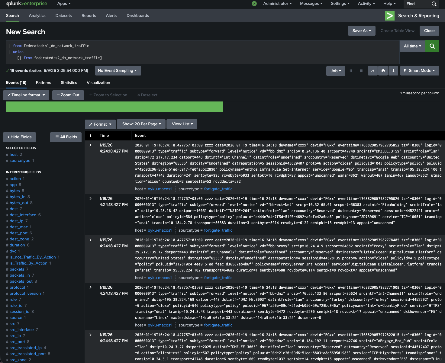 from query results showing raw events from both instances