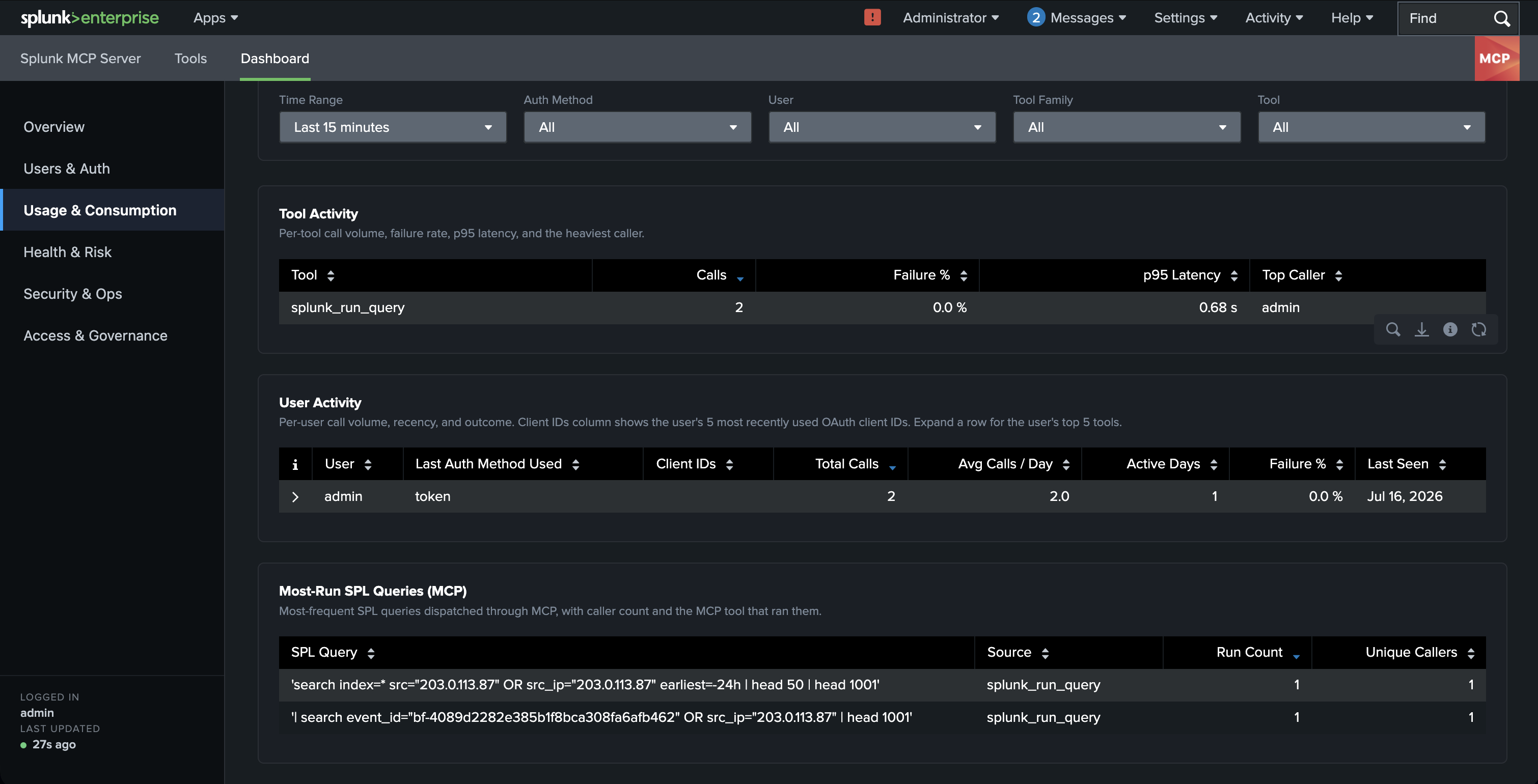 Figure 6. Splunk MCP Server Usage & Consumption showing tool activity