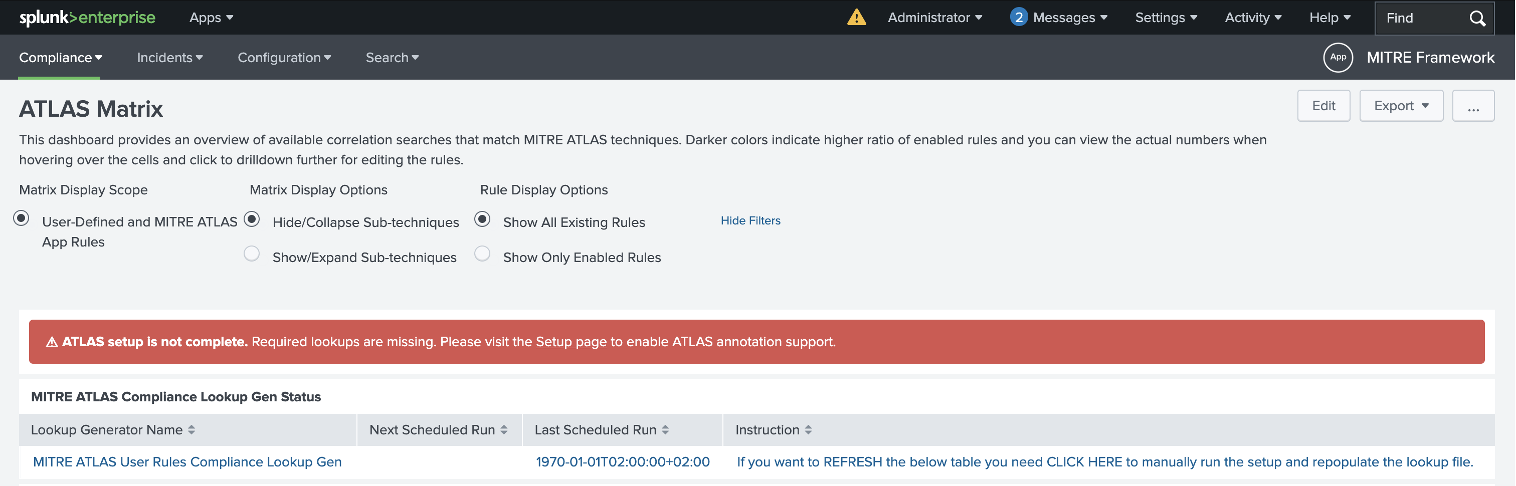 ATLAS Matrix: setup incomplete warning